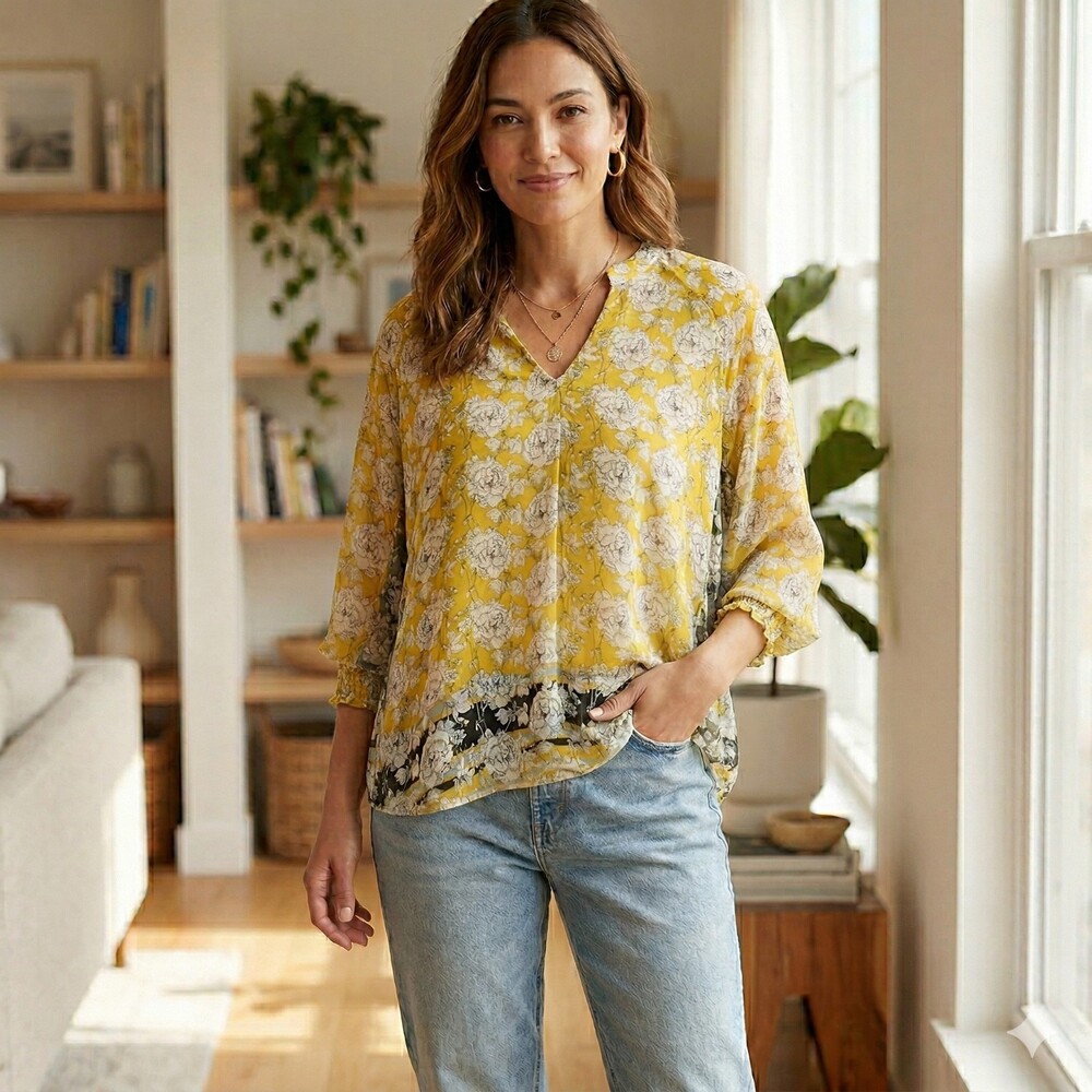 Cabi Amelia Gather Blouse S Yellow Floral Peasant Boho Top Tie Back Flowy 5713
